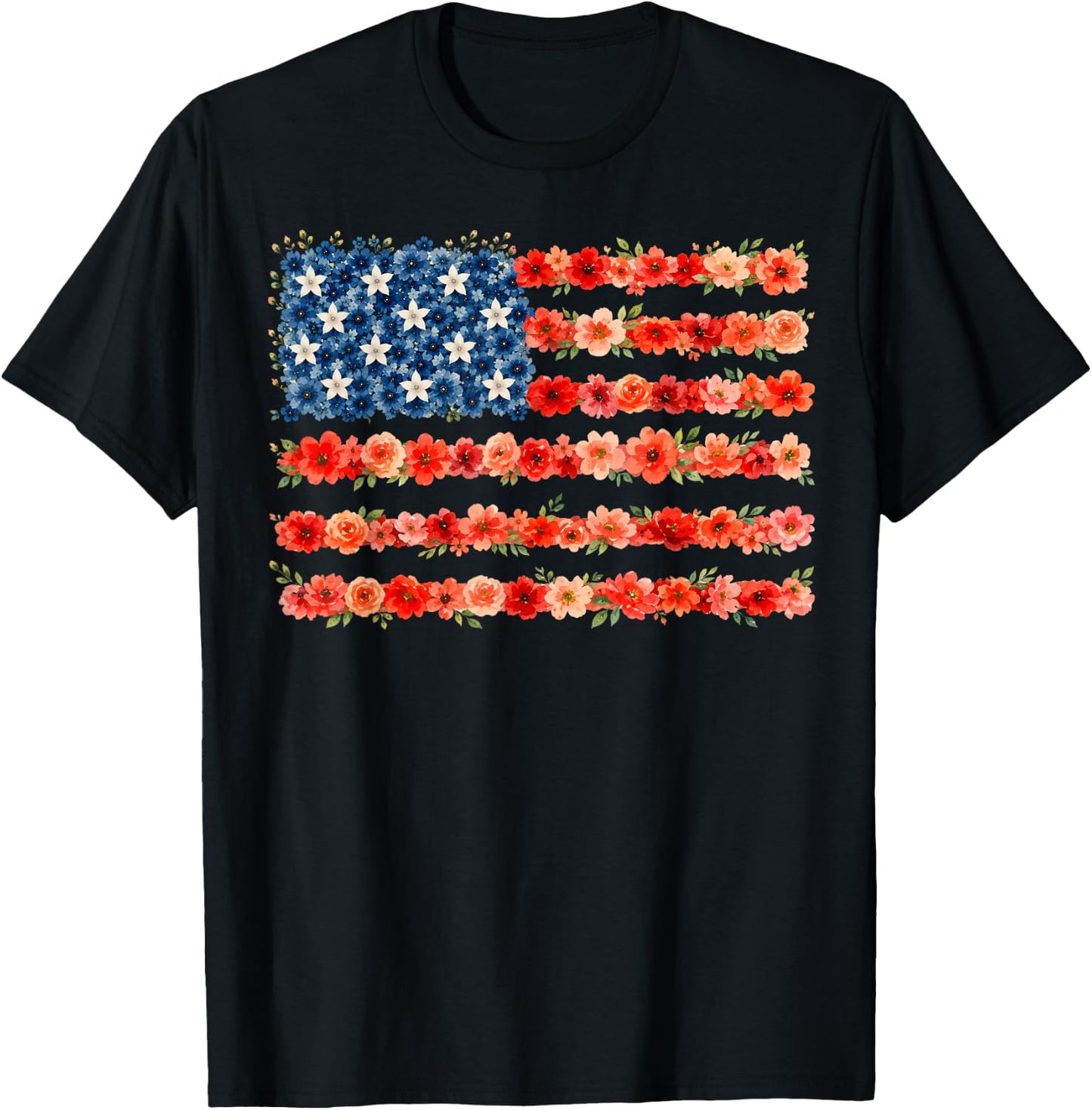 Floral American Flag Flowers Wildflowers 4th of July Women T-Shirt - T-Shirt | Black
