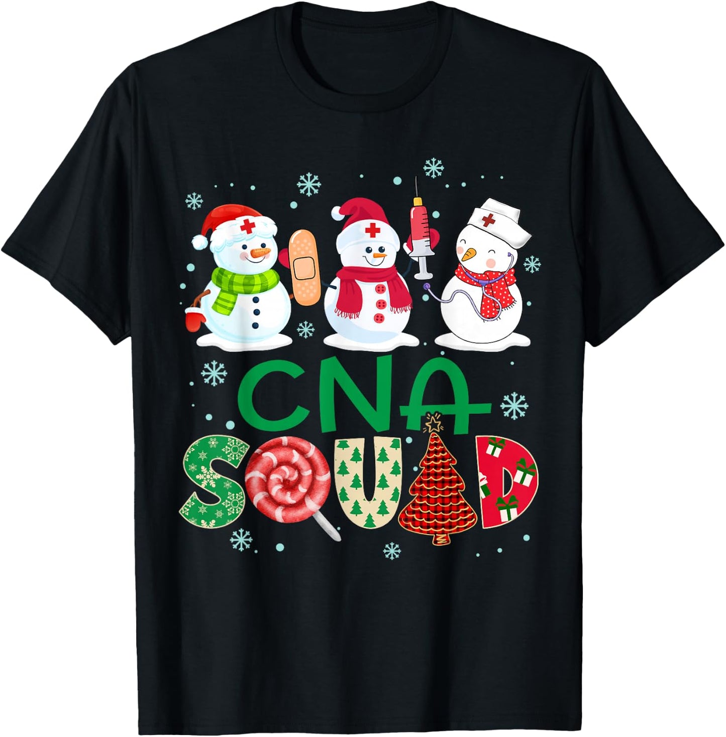CNA Squad Nurse Snowmies Stethoscope Christmas Pine Plaid T-Shirt - T-Shirt | Black