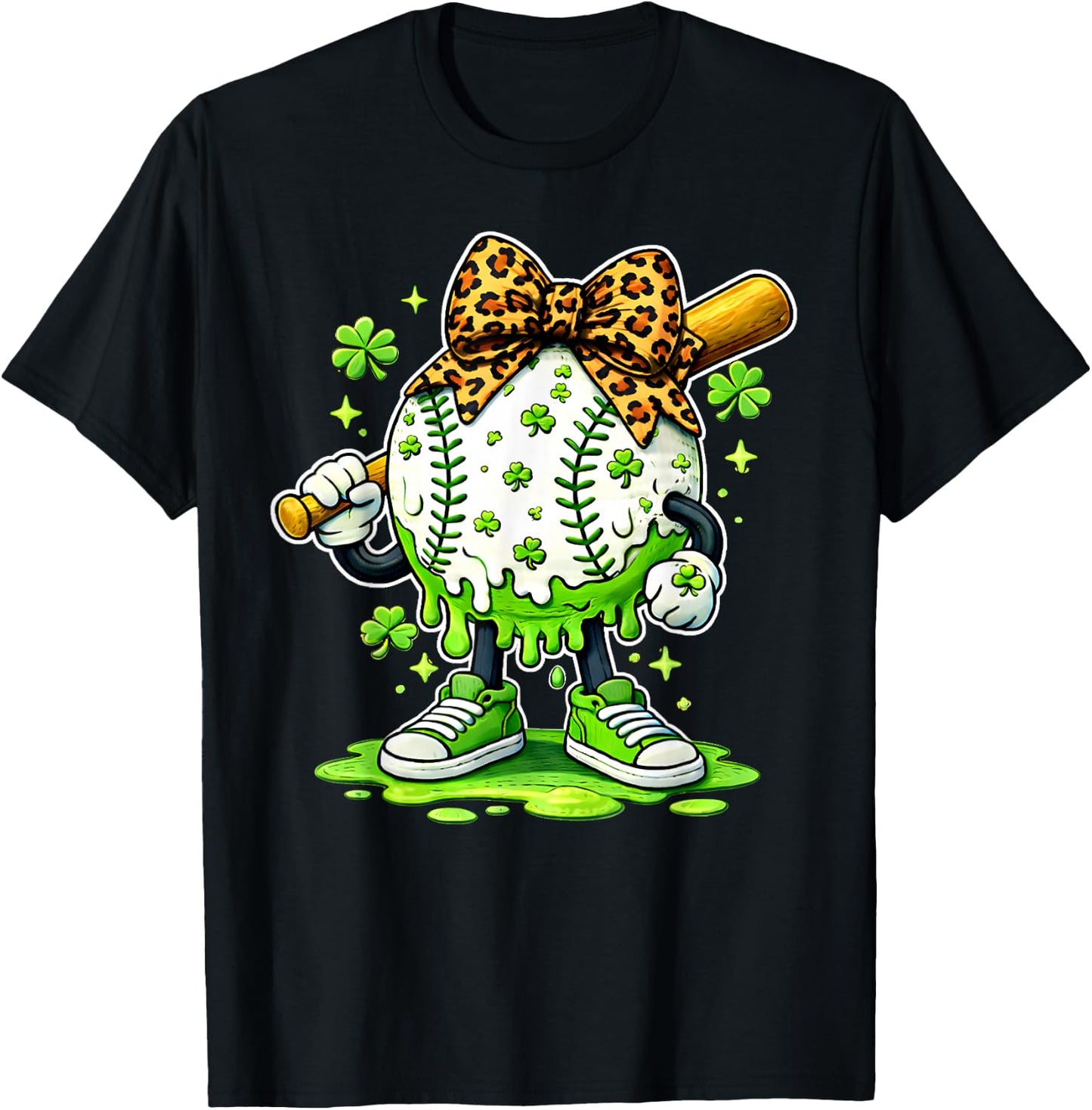 Lucky Softball Girl Shamrock Green Drip for StPatricks Day T-Shirt - T-Shirt | Black