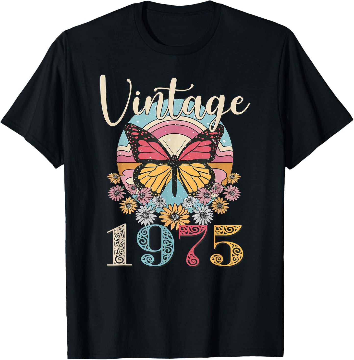 Vintage 47th 1975 Butterfly Floral Birthday Women Mom Gifts T-Shirt - T-Shirt | Black