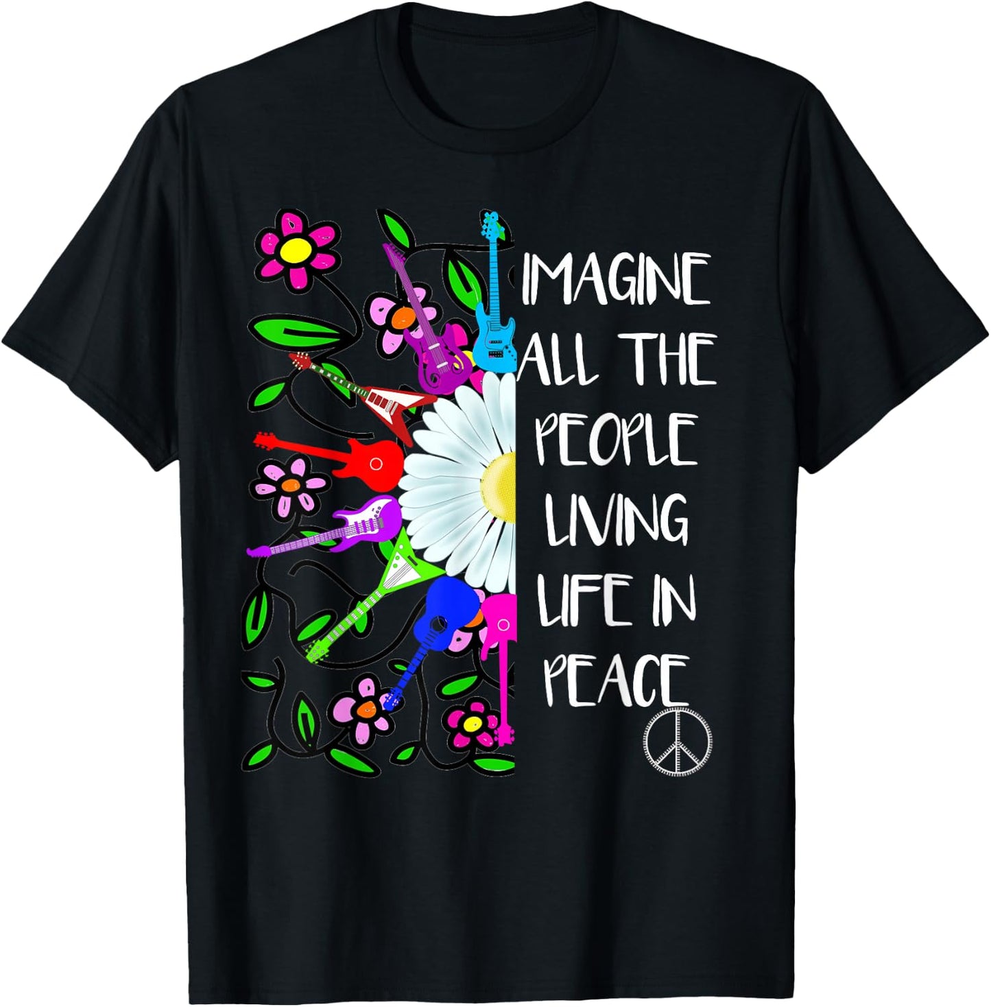 Imagine Peace Groovy Hippie Colorful 70s Folk Rock Music T-Shirt - T-Shirt | Black
