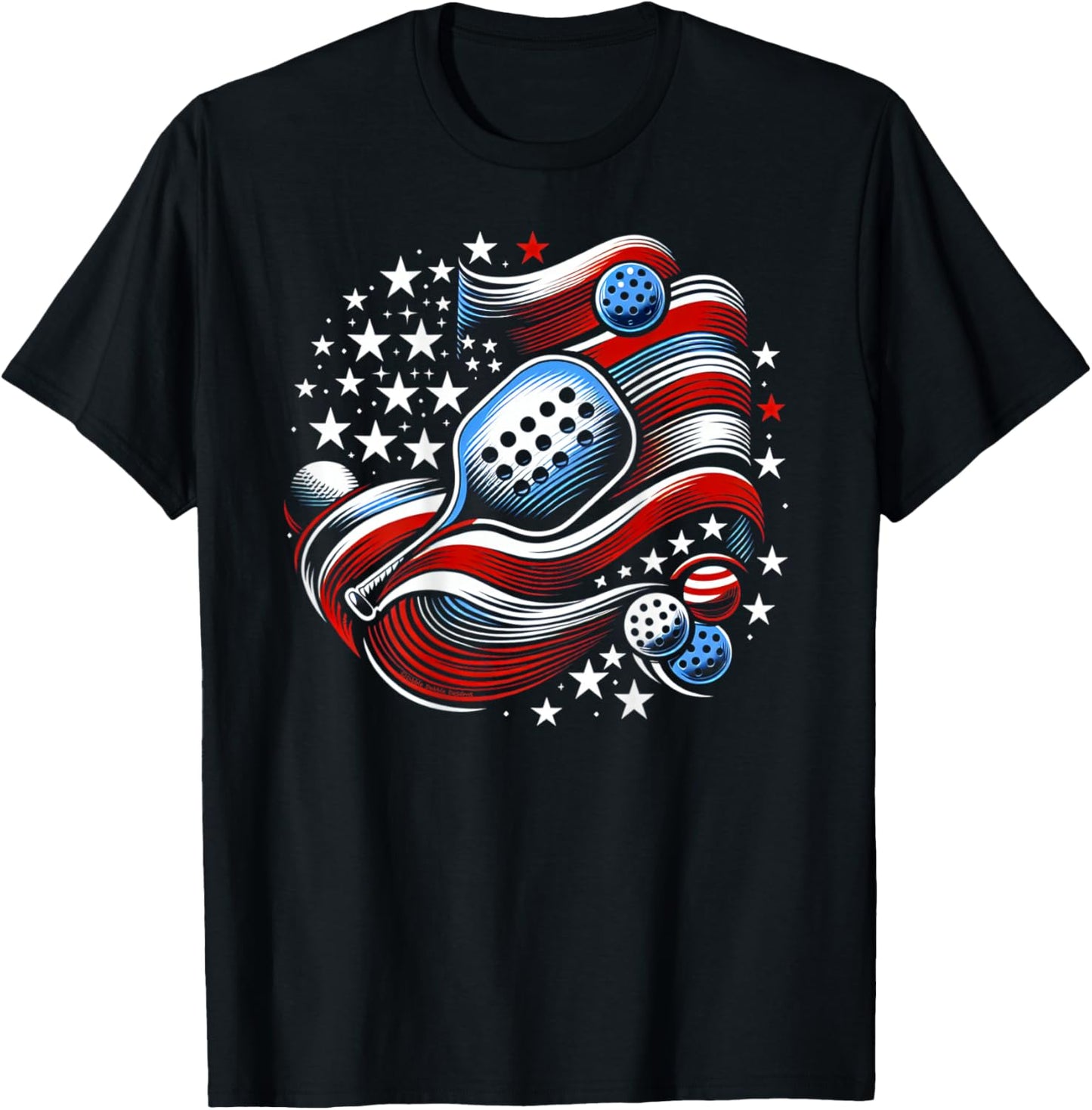 Design on Back Patriotic Stars Stripes USA Flag Pickleball T-Shirt - T-Shirt | Black