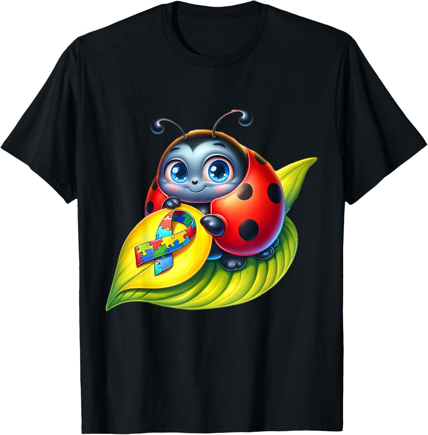 Autism Awareness Cute Ladybug Yellow Red Blue Bug Ribbon T-Shirt - T-Shirt | Black