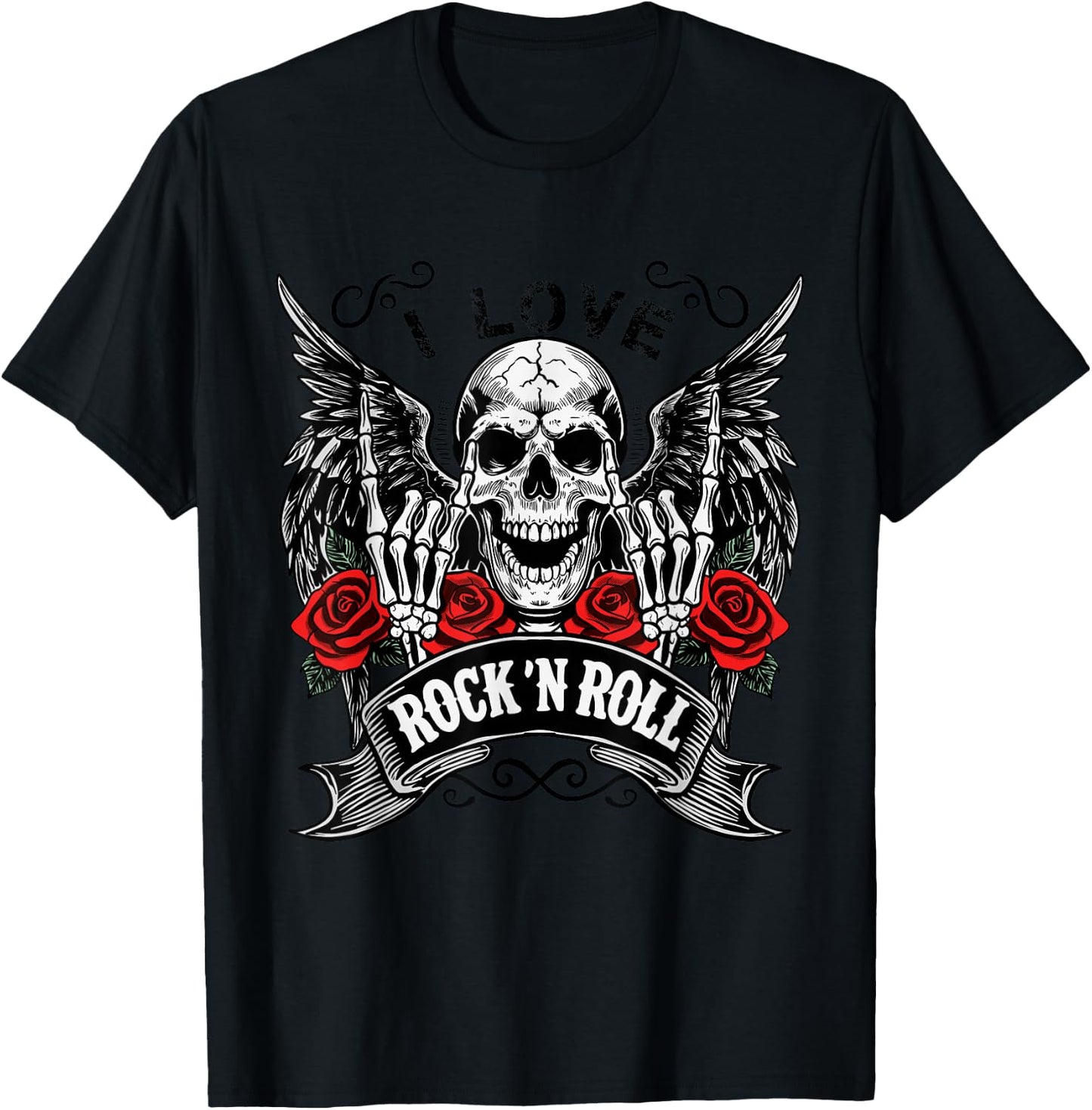 I Love Rock and Roll Rock & Roll Vintage Retro Skeleton Hands T-Shirt - T-Shirt | Black