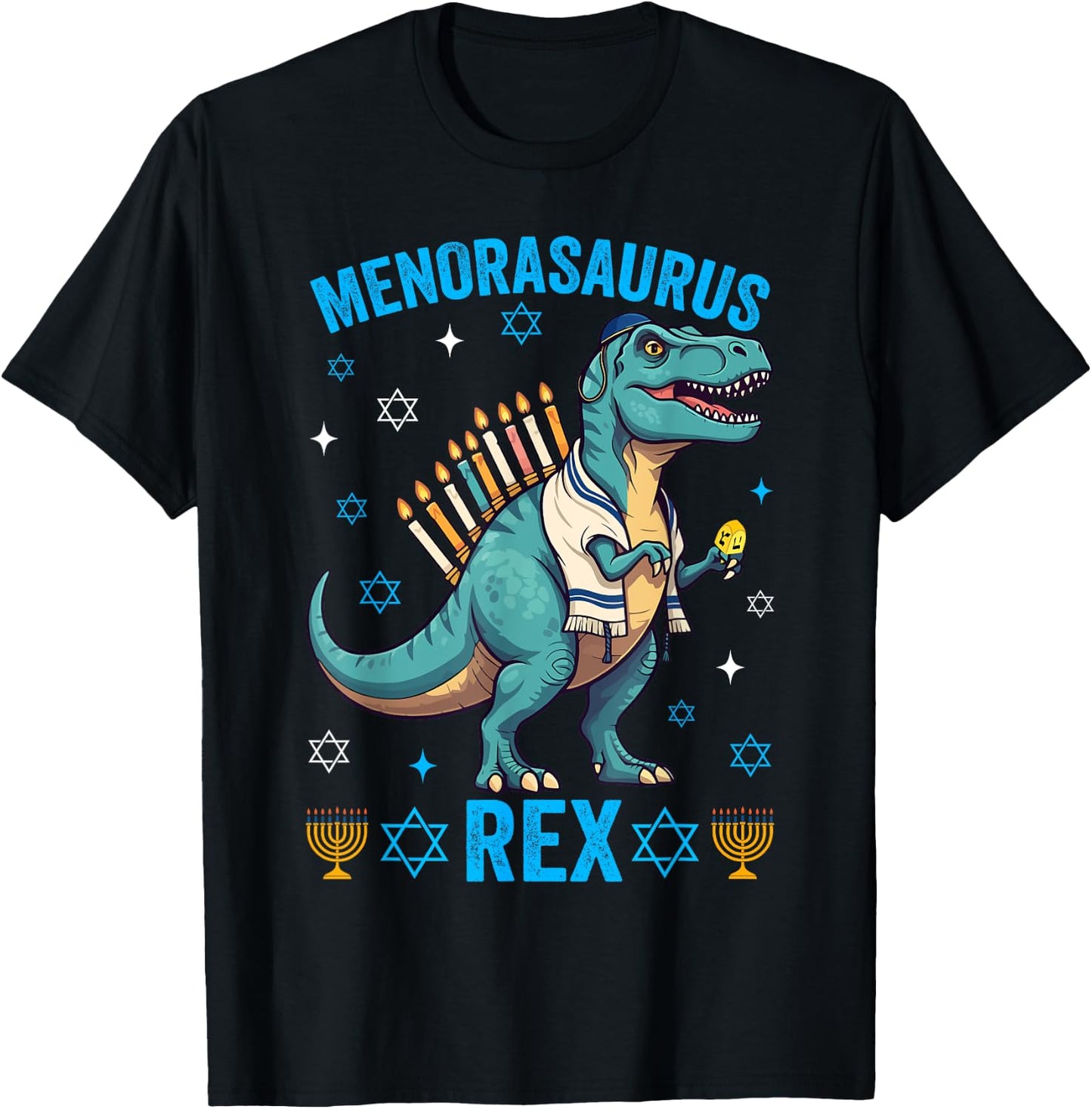 Funny Hanukkah Menorasaurus Trex Dinosaur Jewish Chanukah T-Shirt - T-Shirt | Black