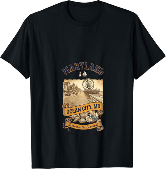 Women's Vintage Ocean City Maryland Boardwalk Ferris Wheel Promenade V-Neck T-Shirt - T-Shirt | Black