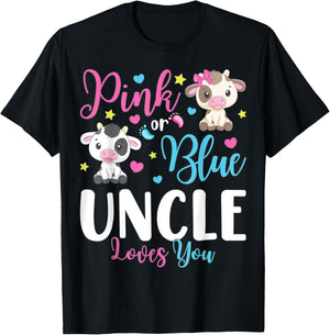 Pink Or Blue Uncle Loves You Gifts Cow Baby Gender Reveal T-Shirt - T-Shirt | Black