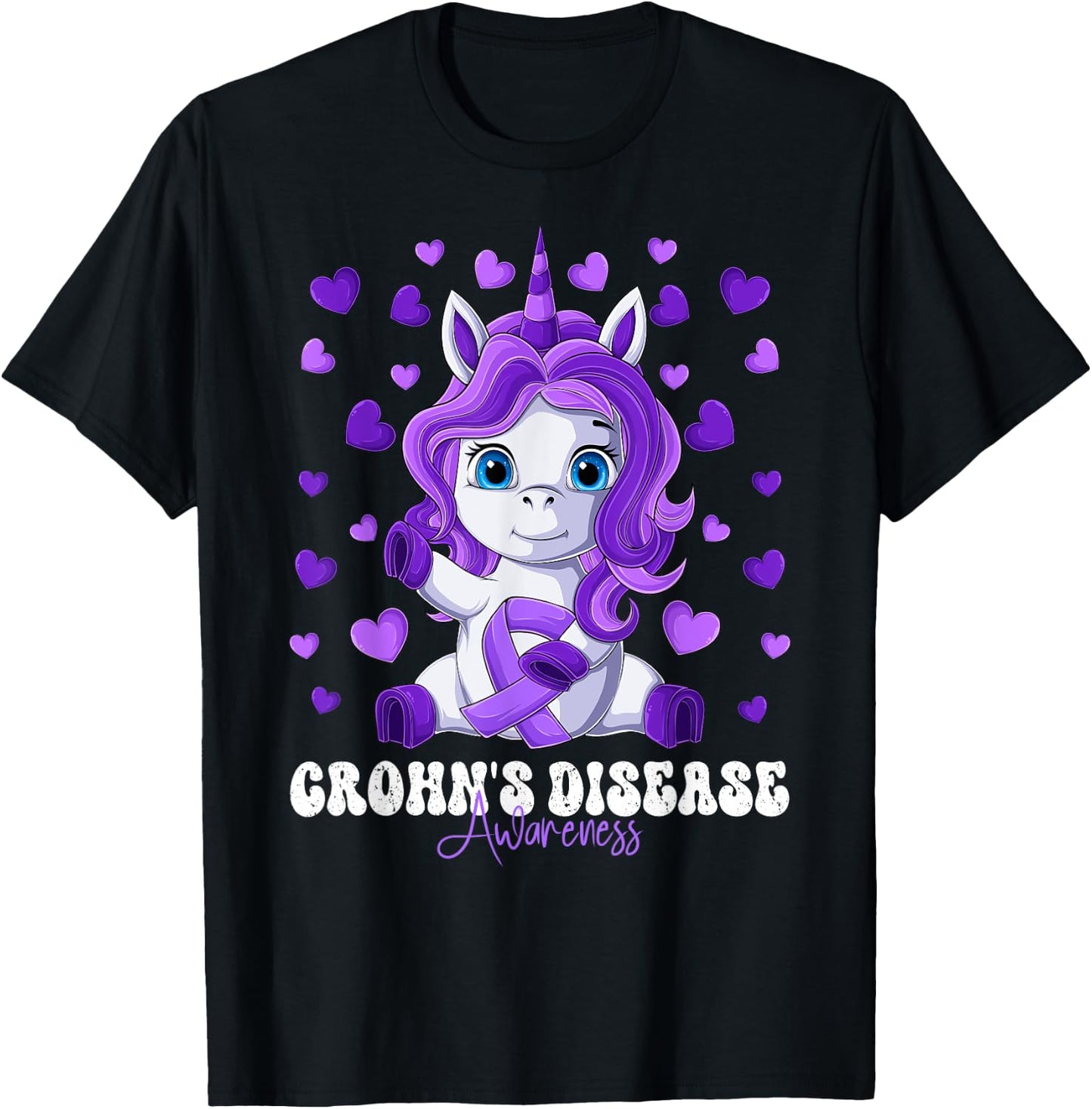 Crohn's Disease Awareness Month Purple Ribbon Unicorn T-Shirt - T-Shirt | Black