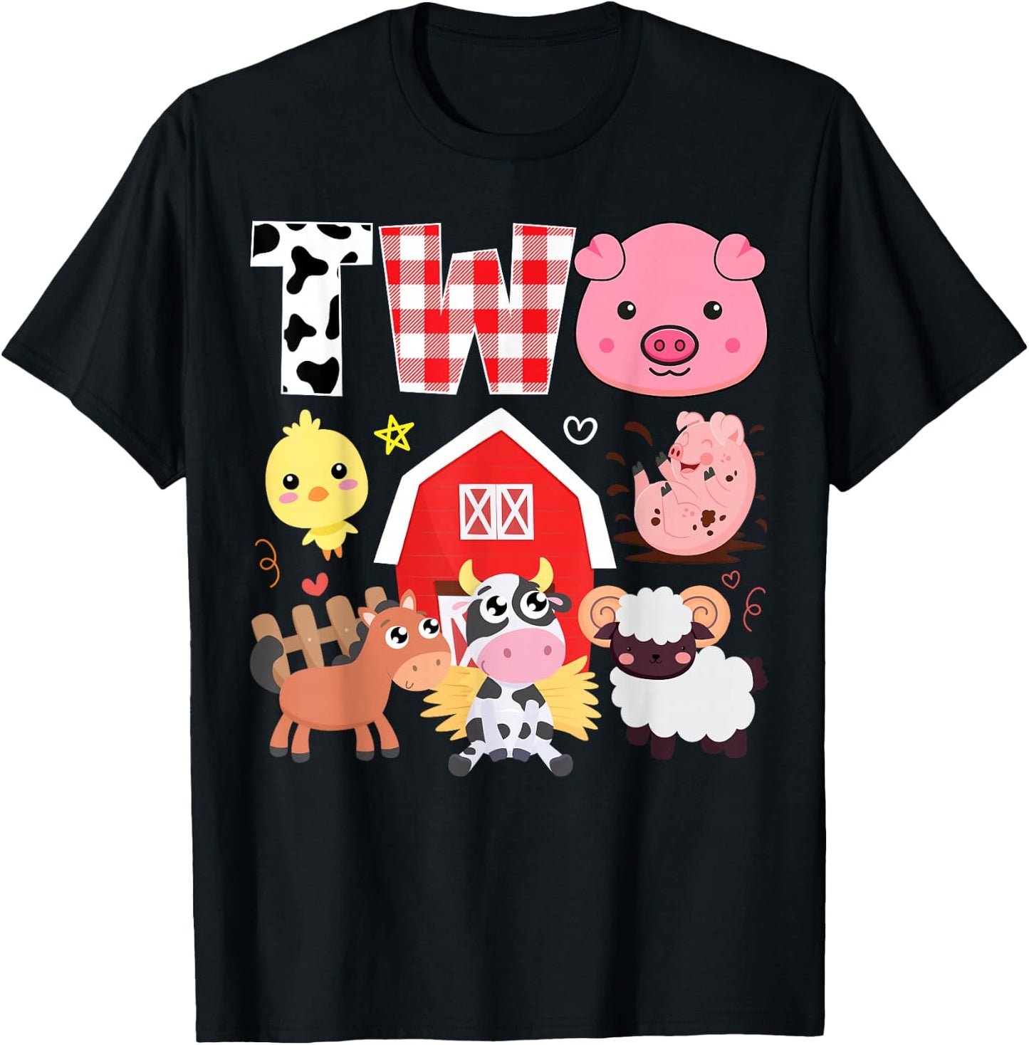 2nd Birthday Two Year Old Farm Theme Animals Birthday Party T-Shirt - T-Shirt | Black