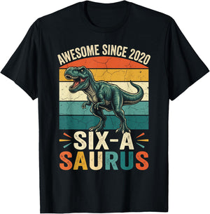 6th Birthday 6 Year Old Dinosaur Six Saurus Boys Kids Party T-Shirt - T-Shirt | Black