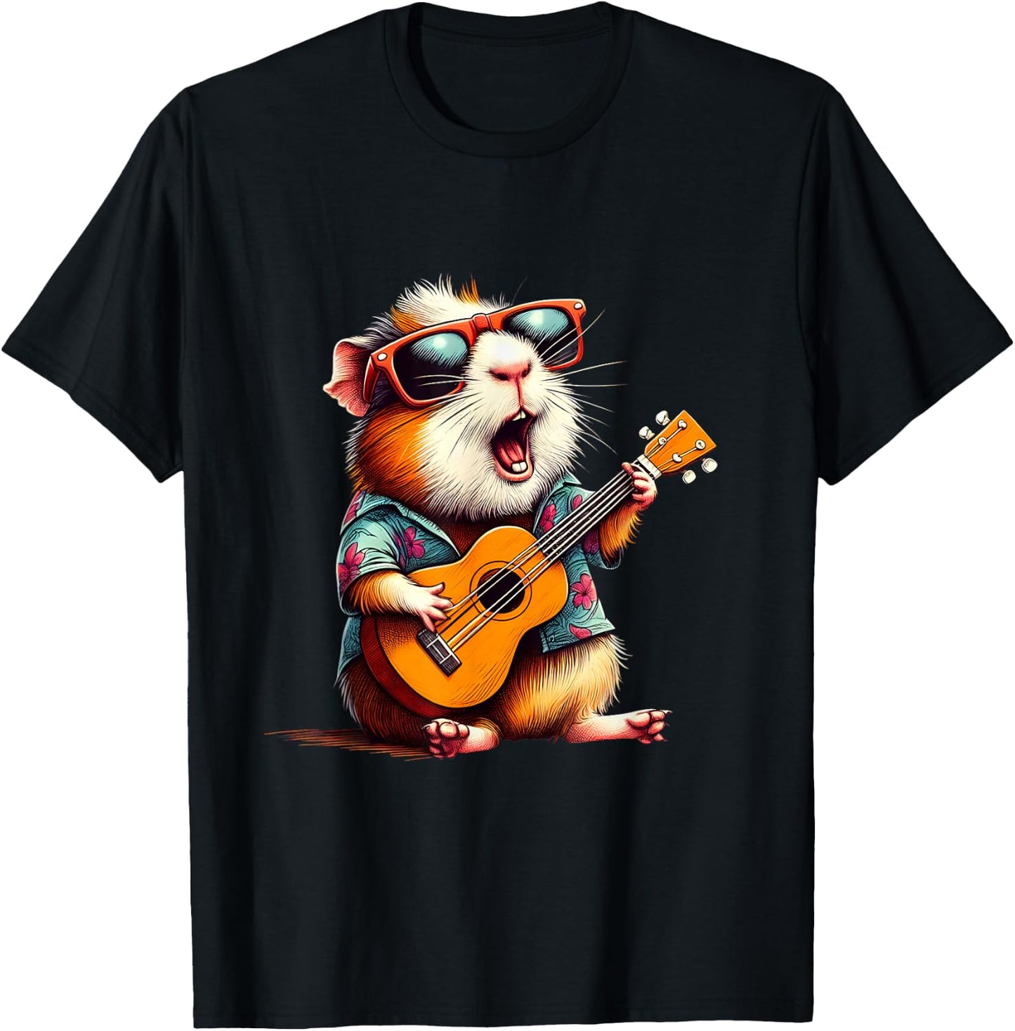 Guinea Pig Wearing a Hawaiian Shirt, Playing a Ukulele T-Shirt - T-Shirt | Black