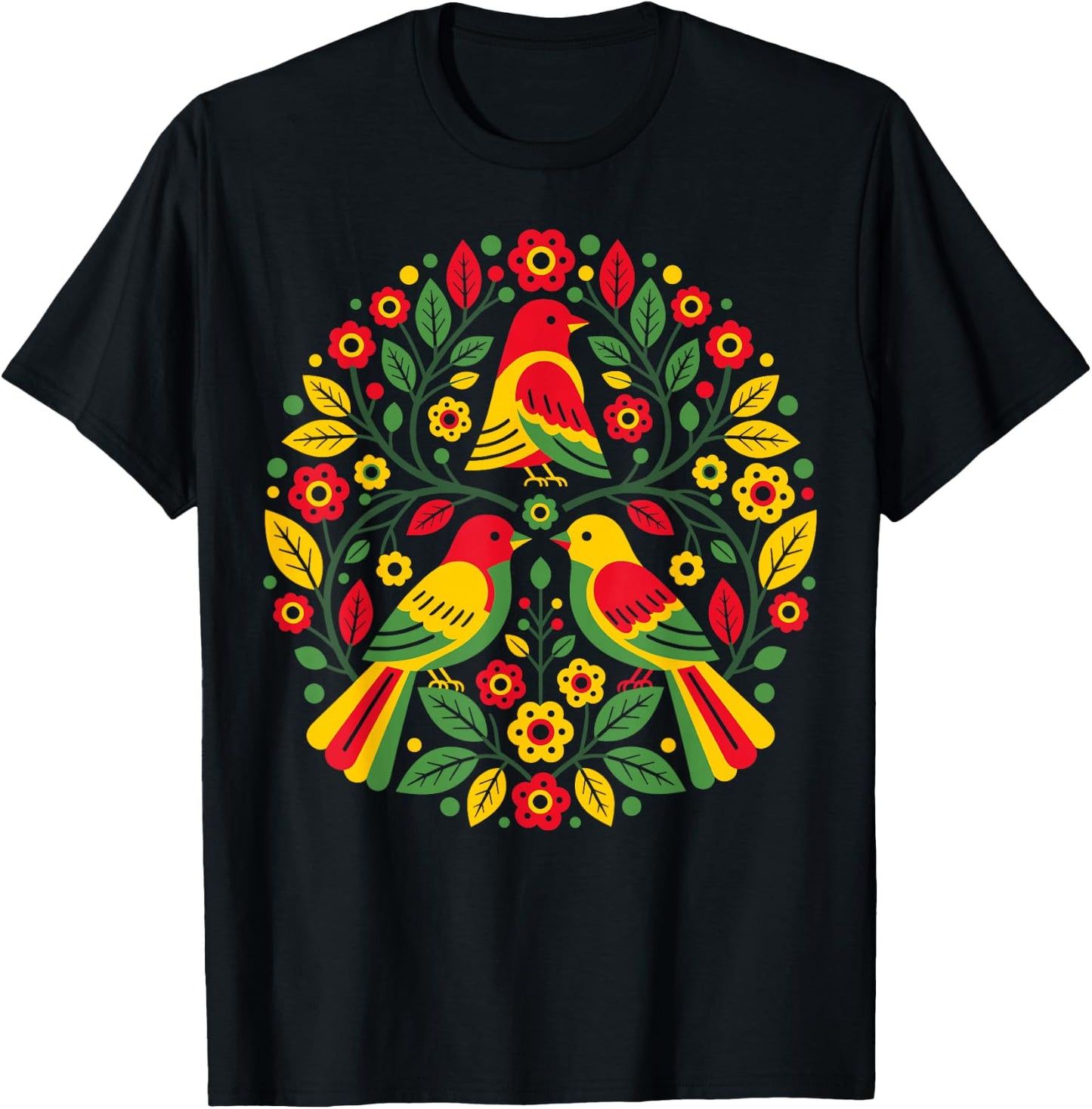 Rasta Reggae Roots Three Birds Jamaica Folk Art Floral T-Shirt - T-Shirt | Black