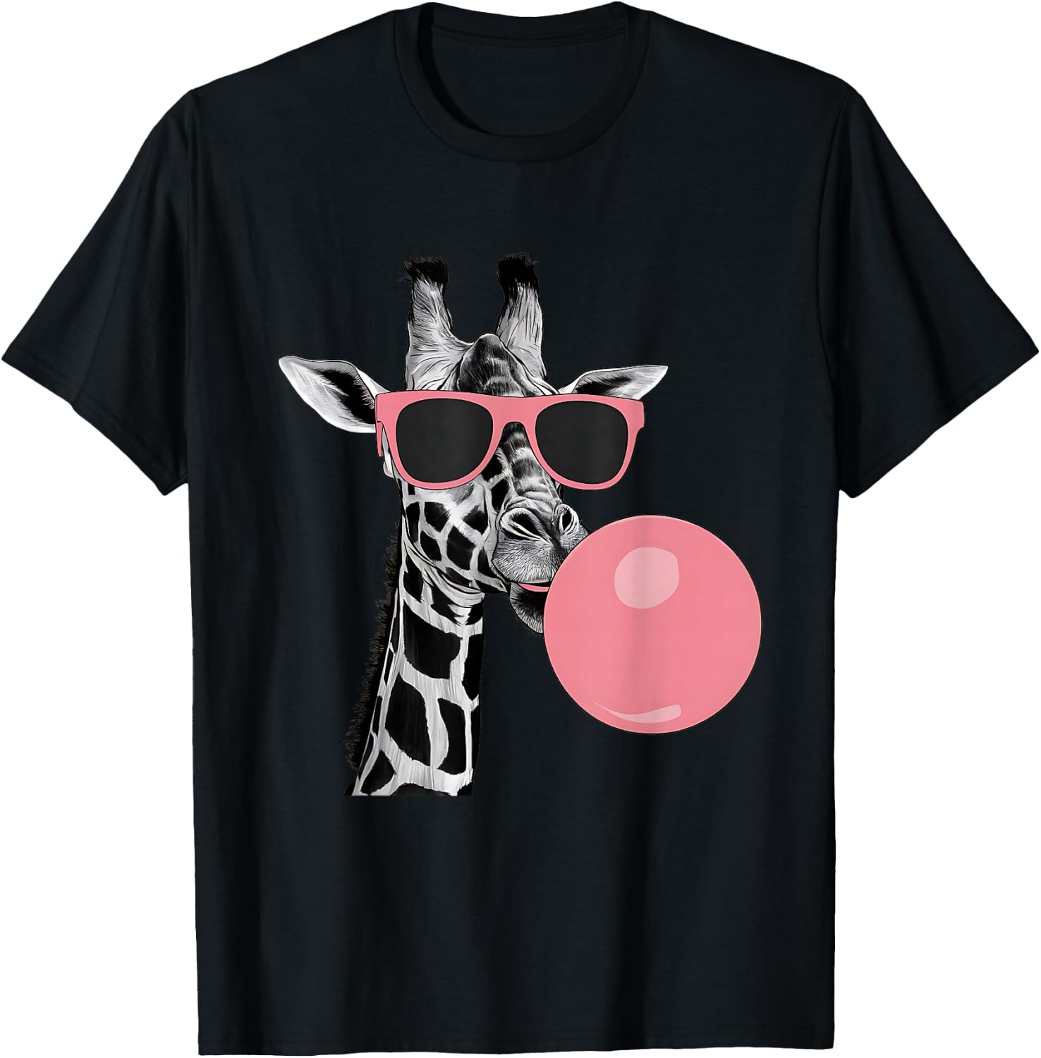 Funny Cool Giraffe Pink Bubble Gum and Pink Sunglasses Cute T-Shirt - T-Shirt | Black