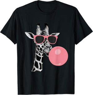 Funny Cool Giraffe Pink Bubble Gum and Pink Sunglasses Cute T-Shirt - T-Shirt | Black