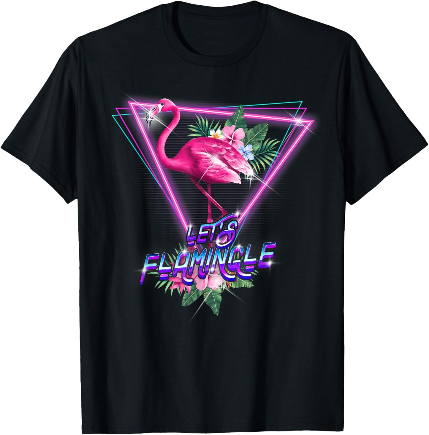 Retro 80s Botanical Tropical Leaf Flowers Let's Flamingle T-Shirt - T-Shirt | Black