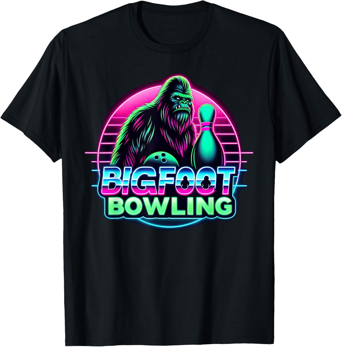 Bigfoot Bowling Funny Sasquatch Bowler Alley Pin Graphic T-Shirt - T-Shirt | Black