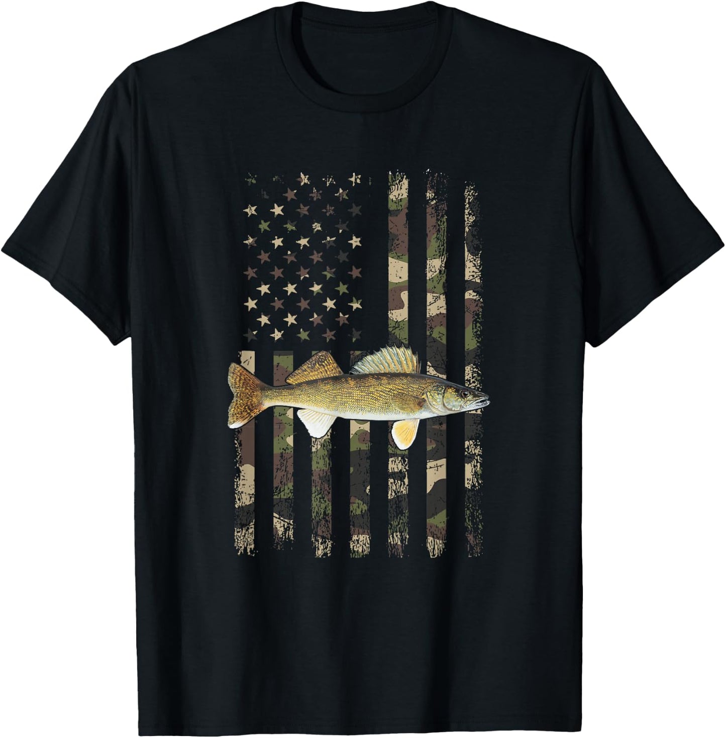 Walleye Camo American Flag, Fishing Walleye T-Shirt - T-Shirt | Black