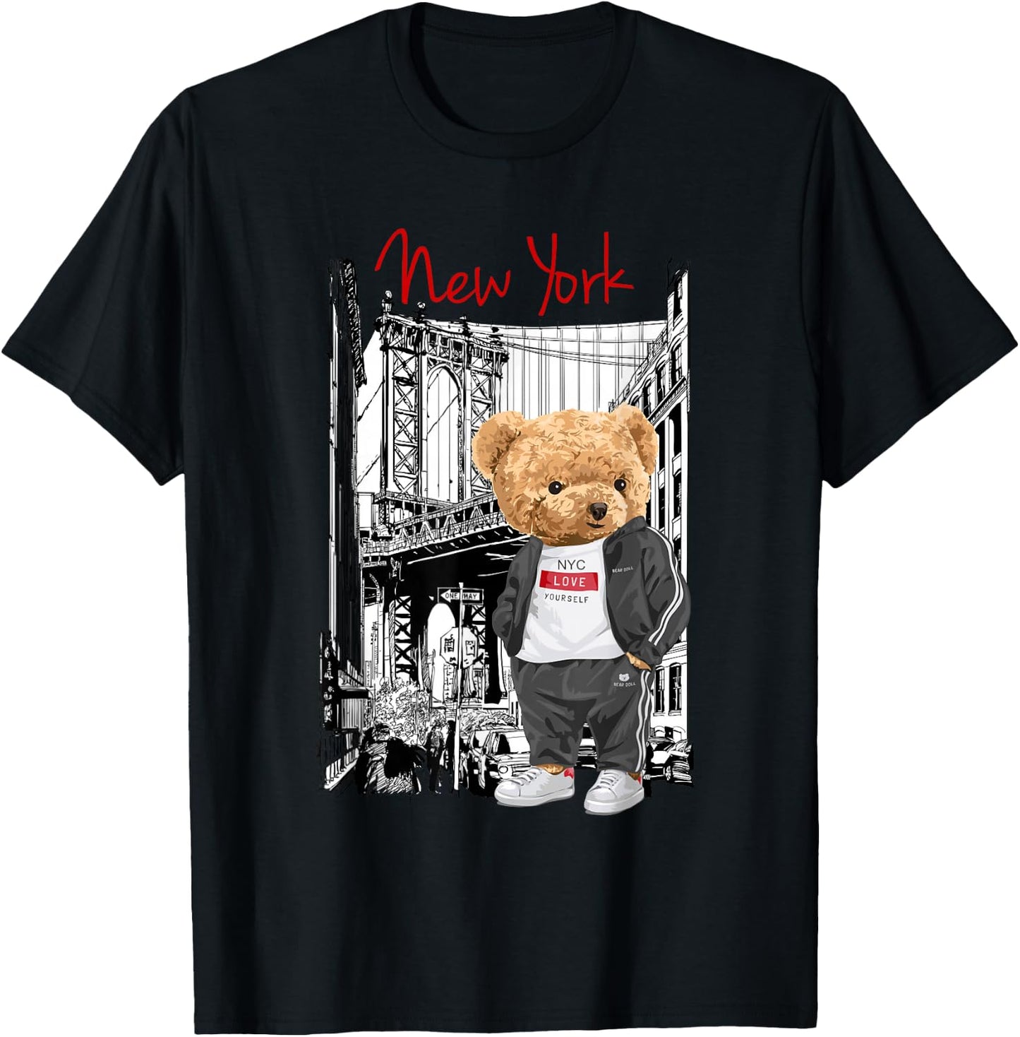 Cool New York City Teddy Bear Illustration Graphic Designs , Black, S T-Shirt - T-Shirt | Black