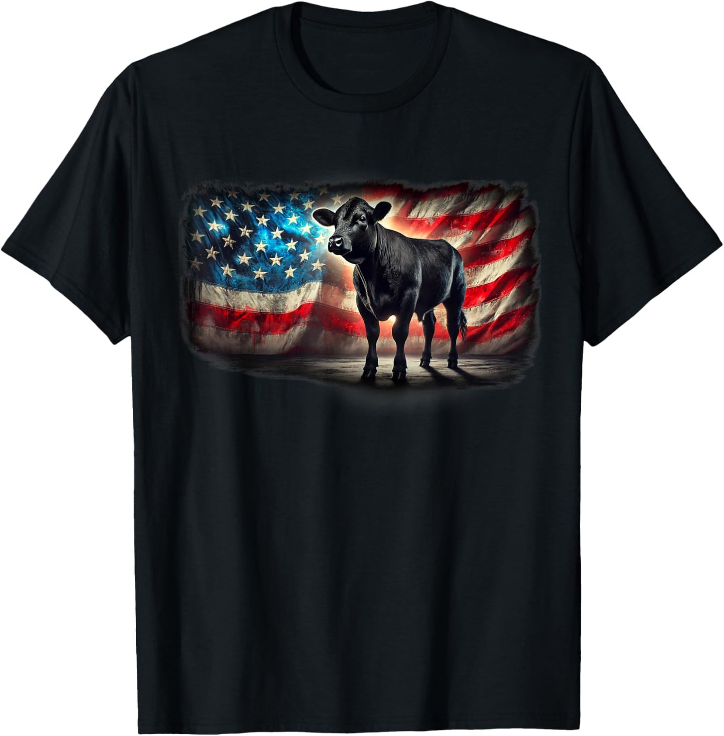 Angus Rancher USA American Flag Cow T-Shirt - T-Shirt | Black