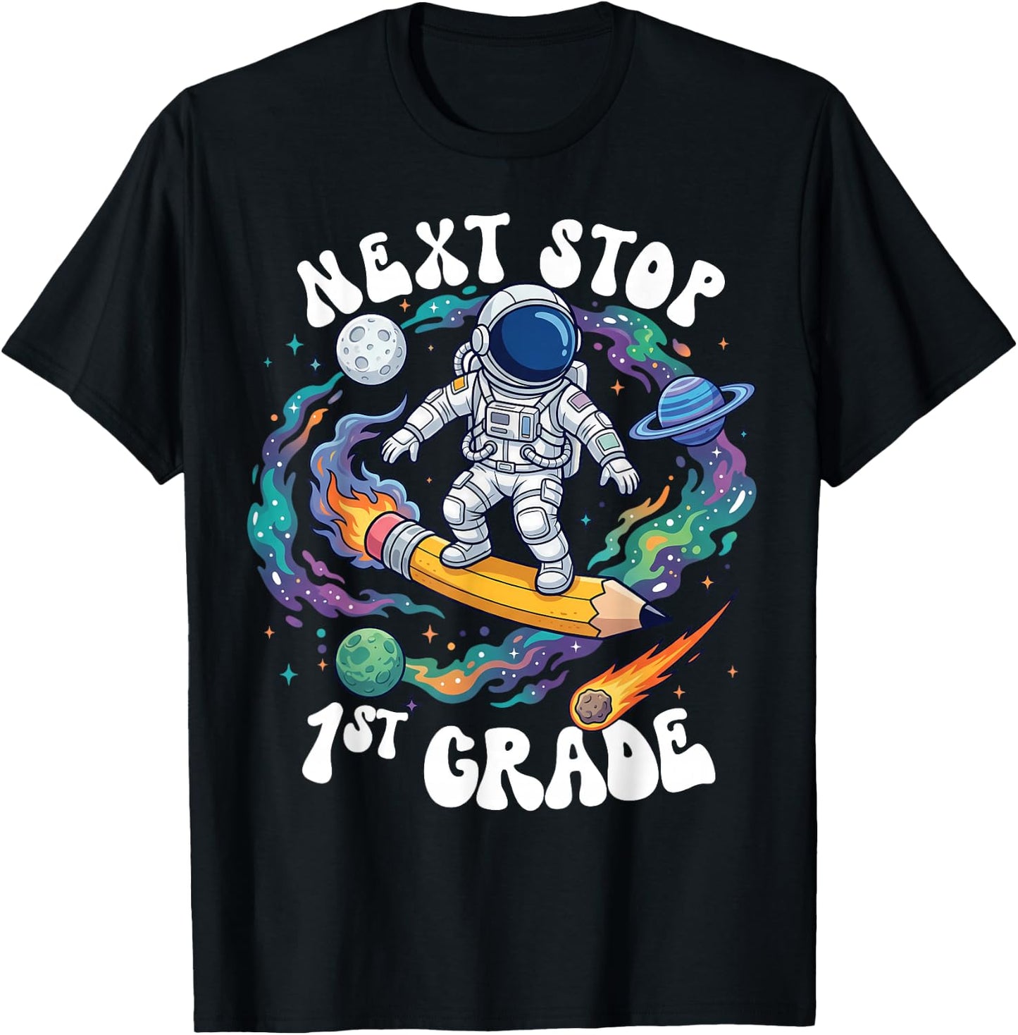 Next Stop 1st Grade School Graduation Astronaut Boy Girl Kid T-Shirt - T-Shirt | Black