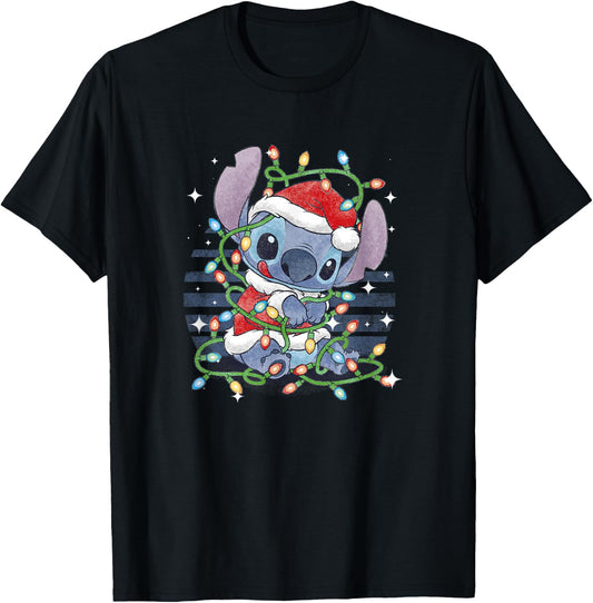 Disney Lilo & Stitch Christmas Tangled Lights Portrait T-Shirt - T-Shirt | Black