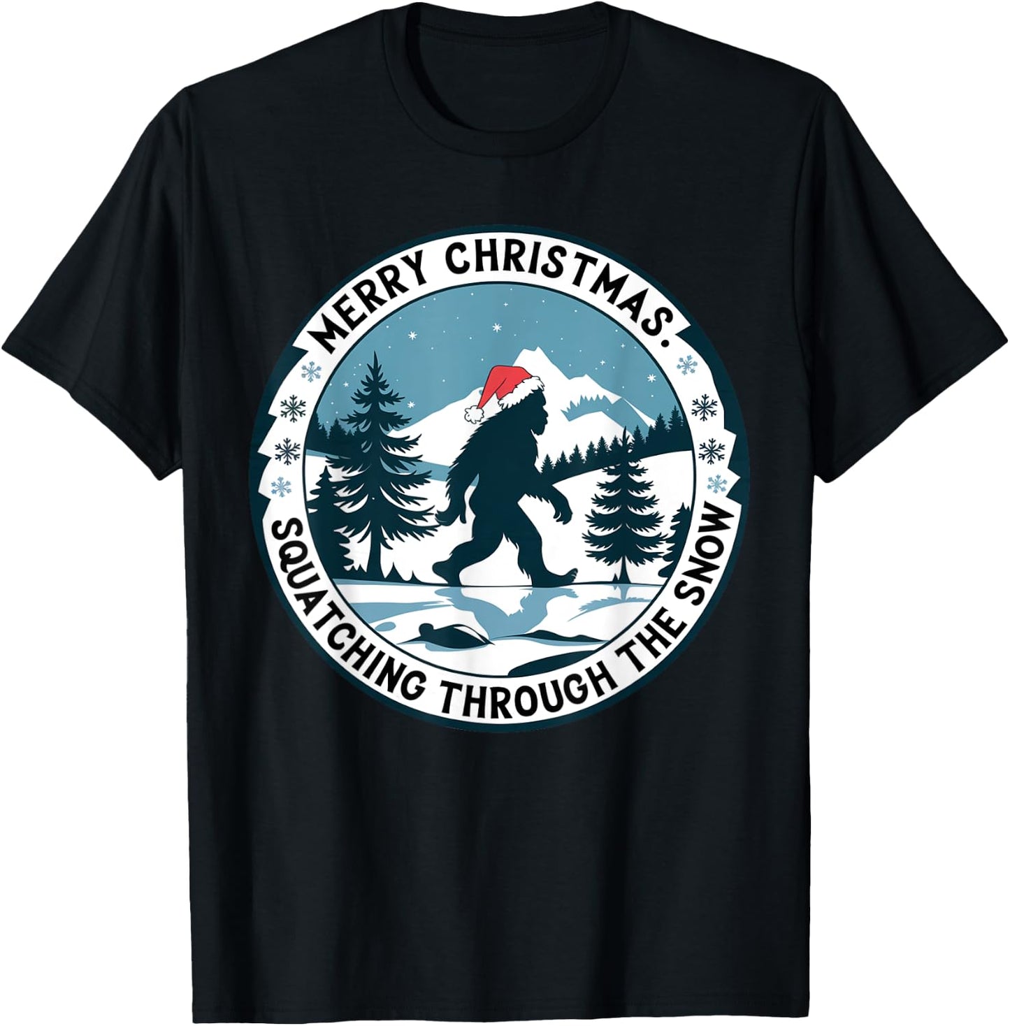 Merry Christmas Squatching Through the Snow Bigfoot Santa T-Shirt - T-Shirt | Black