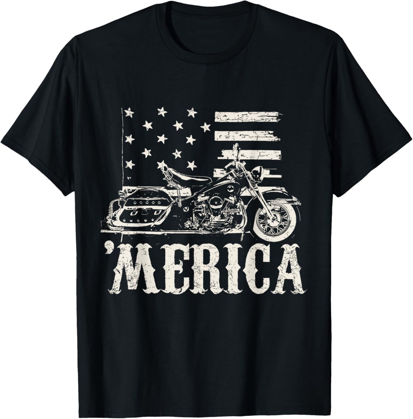 Vintage American Motorcycle with flag 'Merica biker shirt T-Shirt - T-Shirt | Black