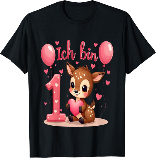Children's Cute Deer I Am 1 Children's Birthday 1st Birthday Girl , black T-Shirt - T-Shirt | Black