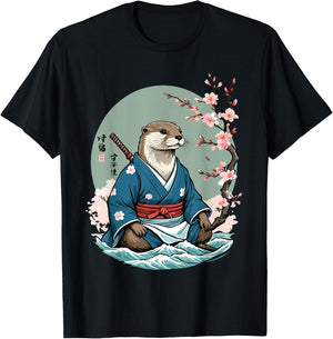 Aesthetic Otter Samurai in Water Funny Vintage Japan T-Shirt - T-Shirt | Black