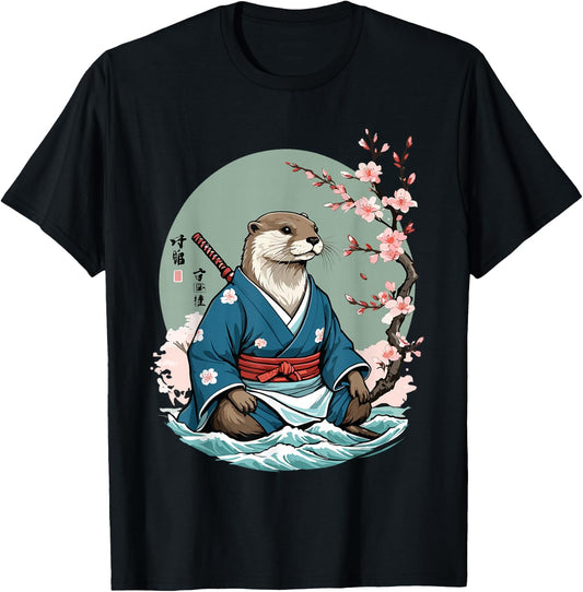 Aesthetic Otter Samurai in Water Funny Vintage Japan T-Shirt - T-Shirt | Black