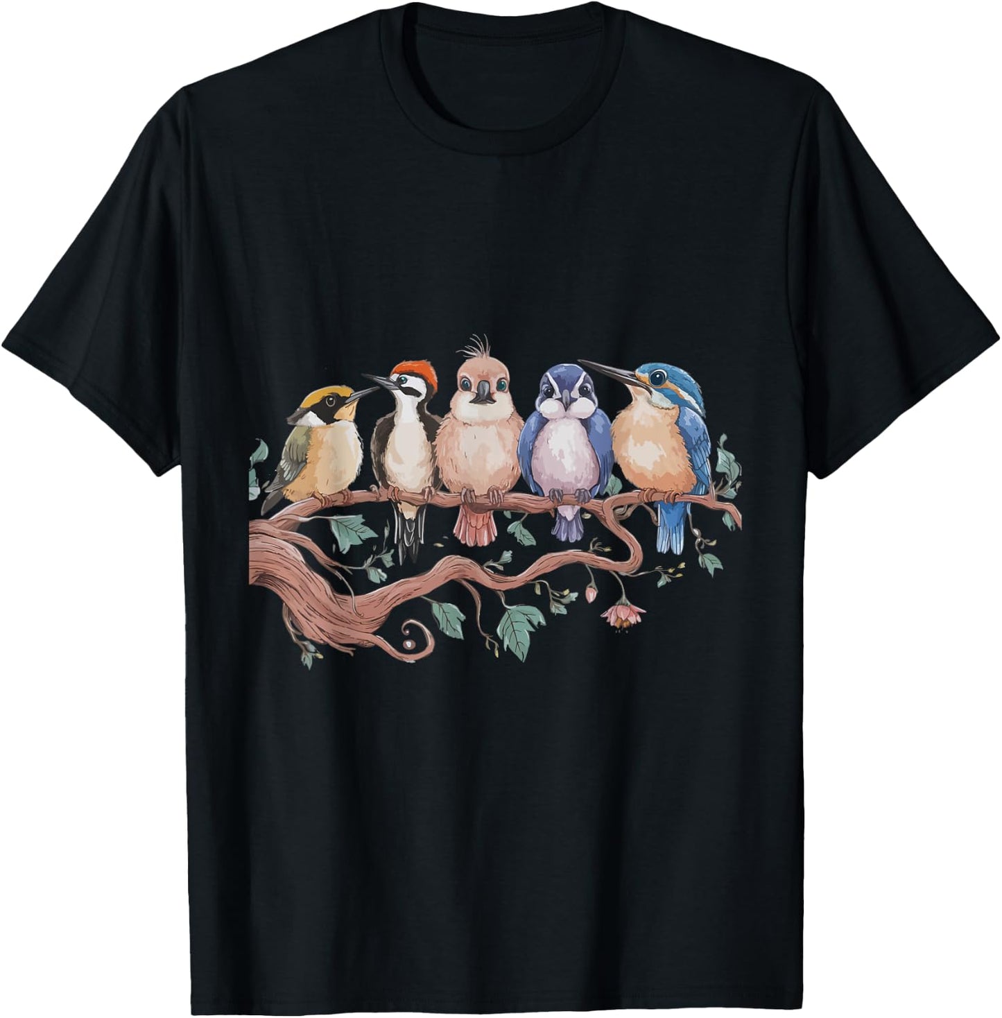 Whimsical Birdwatcher's Dream Perched Friends Cute Birds T-Shirt - T-Shirt | Black