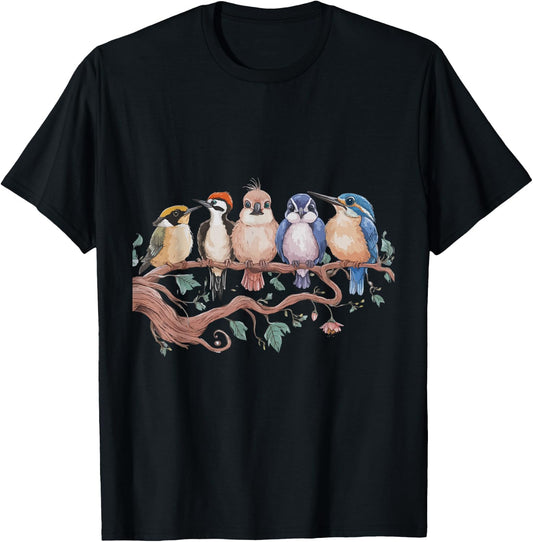 Whimsical Birdwatcher's Dream Perched Friends Cute Birds T-Shirt - T-Shirt | Black