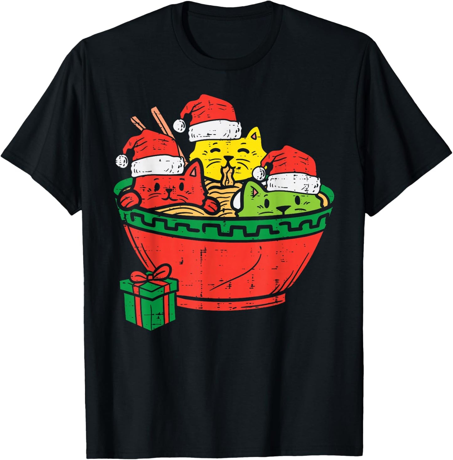 Santa Ramen Cats Anime Christmas Xmas Japanese Kids Girls T-Shirt - T-Shirt | Black
