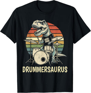 Drummersaurus T Rex Drummer Dinosaur Playing Drums Boys Kids T-Shirt - T-Shirt | Black