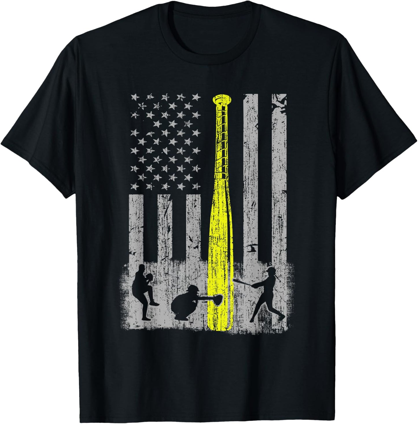 Vintage Softball American Flag Patriotic Sports 4th of July T-Shirt - T-Shirt | Black