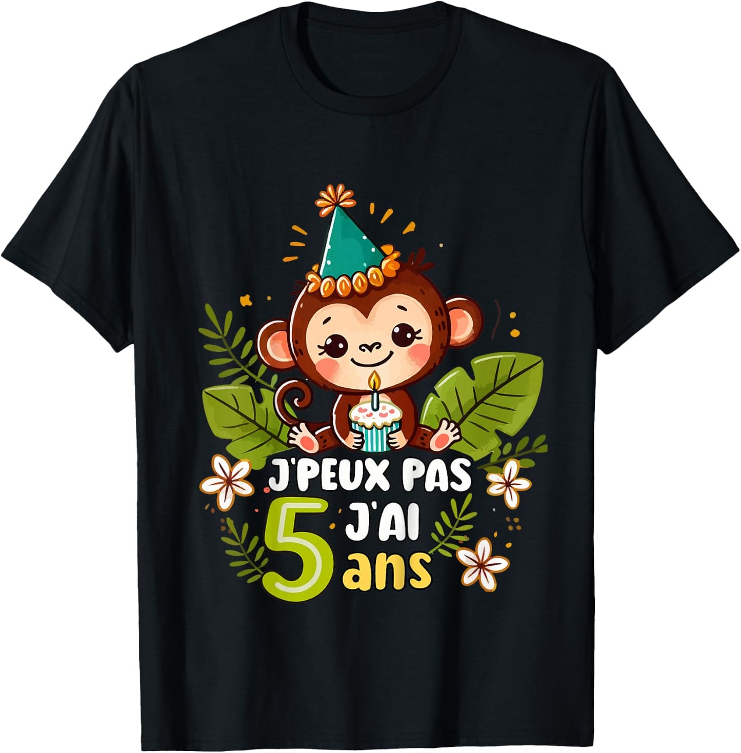 Child Je Peux Pas J'ai 5 Years Birthday Jungle Monkey Boy Green , Blue, 2 T-Shirt - T-Shirt | Black