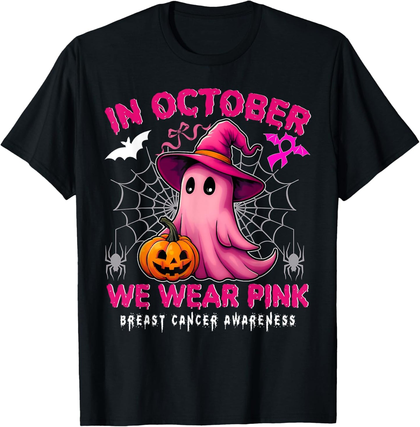 In October We Wear Pink Breast Cancer Awareness Halloween T-Shirt - T-Shirt | Black