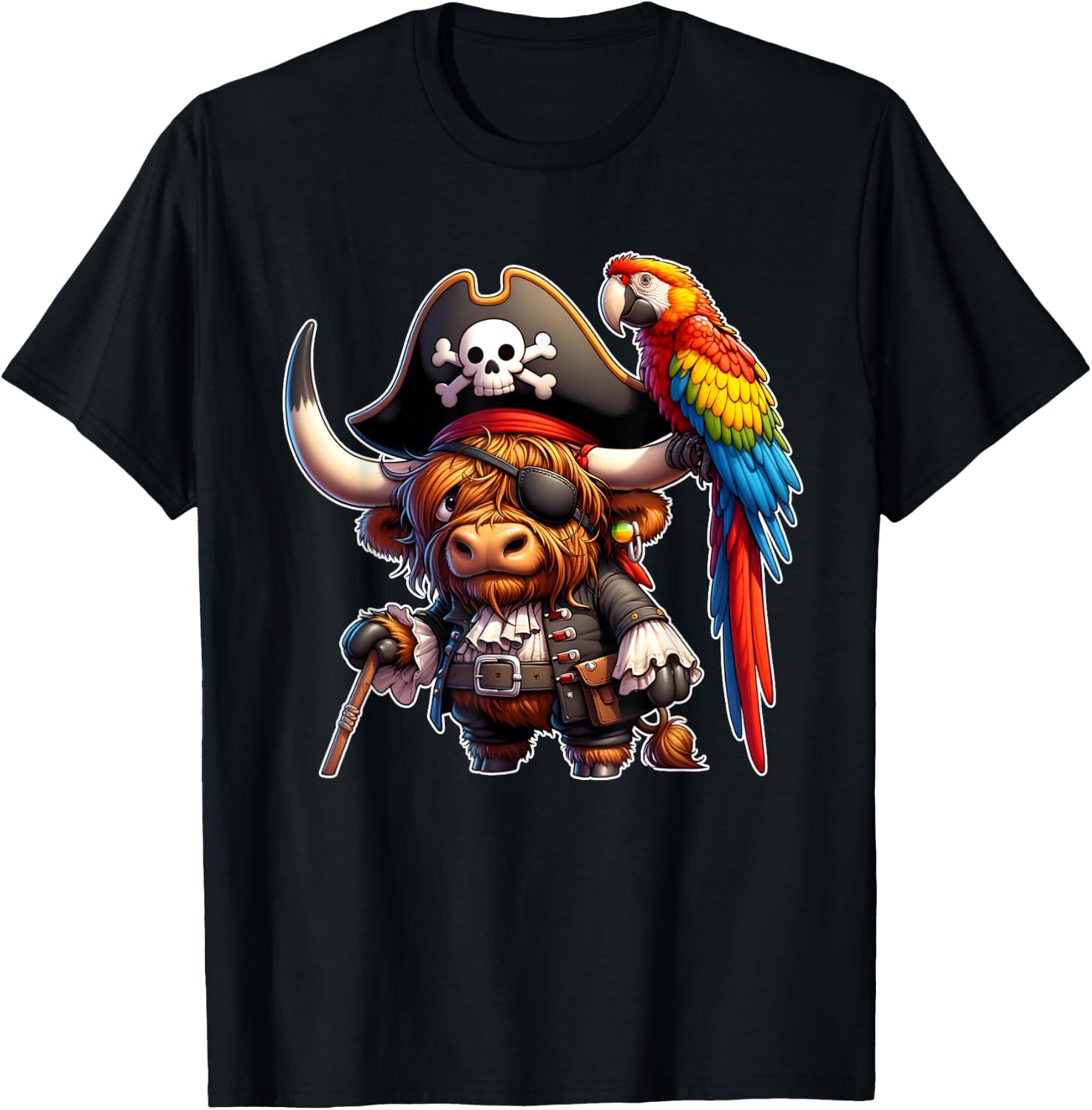 Pirate Highland Cow with Colorful Parrot T-Shirt - T-Shirt | Black
