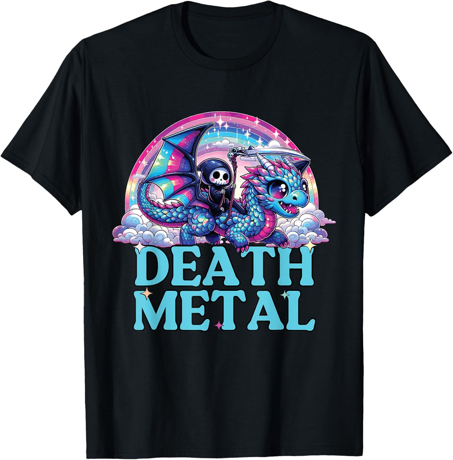 Death Metal Rainbow, Reaper with Dragon Funny Death Metal T-Shirt - T-Shirt | Black
