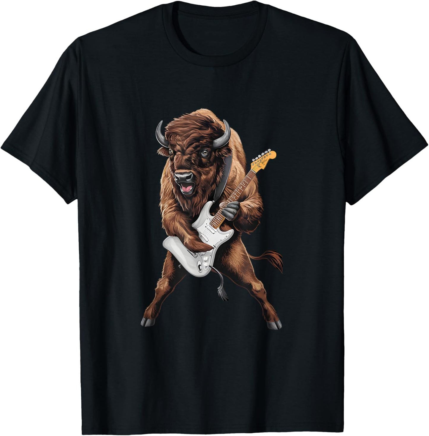 Buffalo Playing Electric Guitar Funny American Bison Lover T-Shirt - T-Shirt | Black