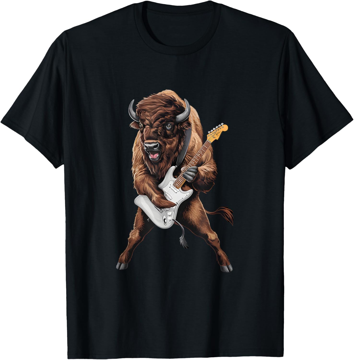 Buffalo Playing Electric Guitar Funny American Bison Lover T-Shirt - T-Shirt | Black