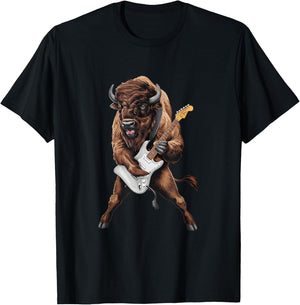 Buffalo Playing Electric Guitar Funny American Bison Lover T-Shirt - T-Shirt | Black