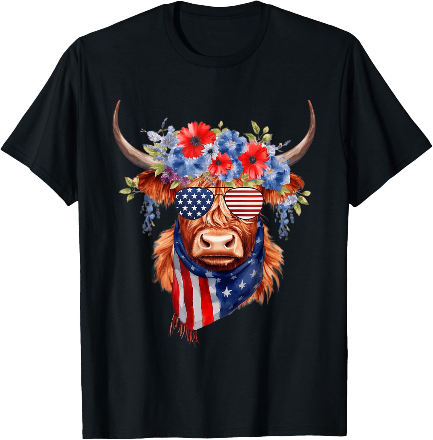 4th Of July Highland Cow Heifer American Sunglasses Bandana T-Shirt - T-Shirt | Black