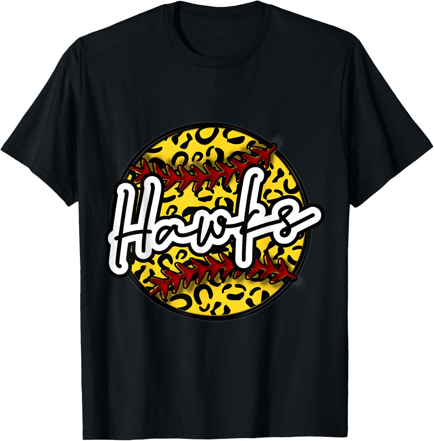HAWKS Leopard Cheetah Softball Team Trendy Cute Womans Top T-Shirt - T-Shirt | Black