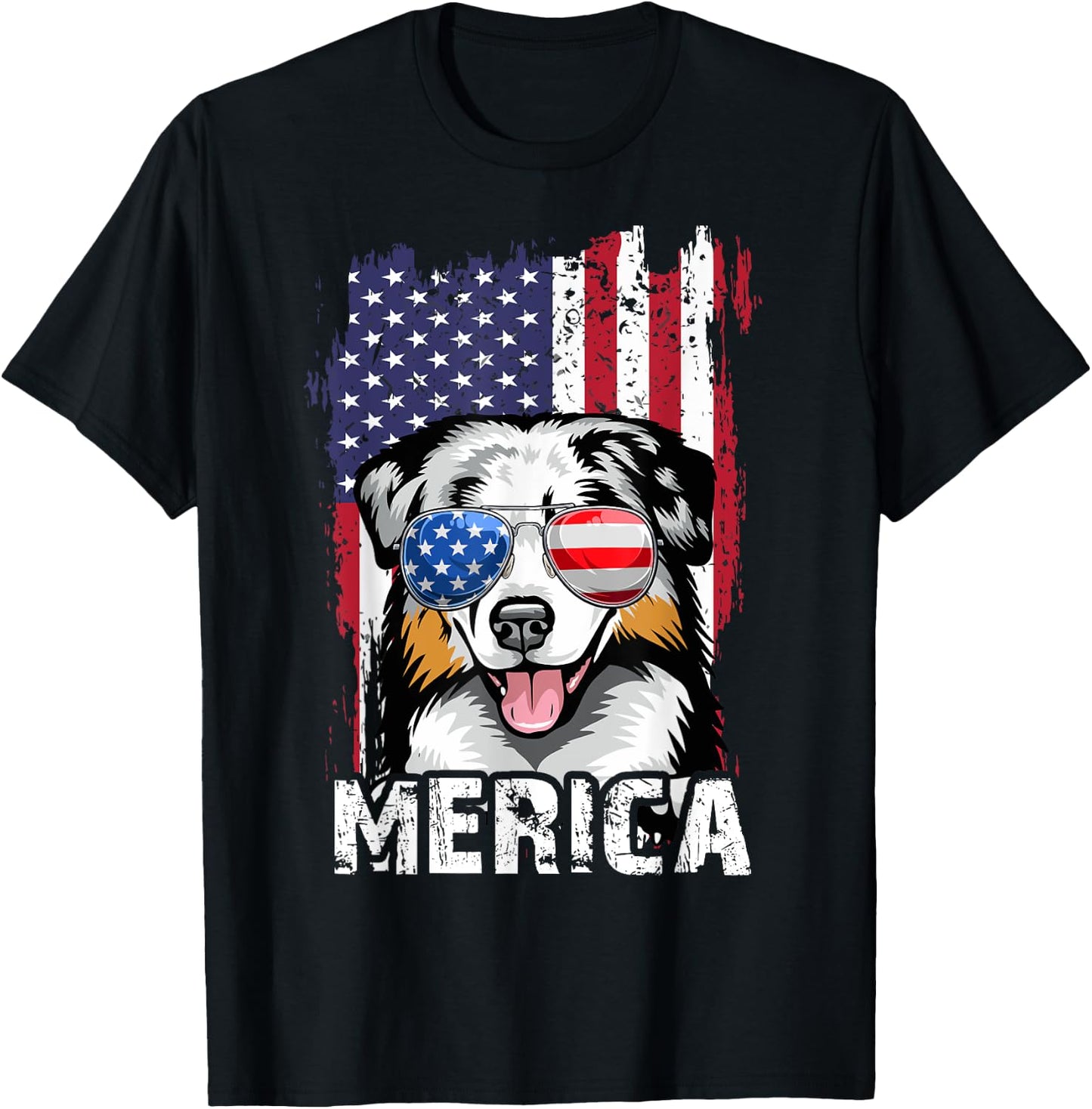 Merica Australian Shepherd 4th of July USA Flag Aussie Dog Kids Men T-Shirt - T-Shirt | Black