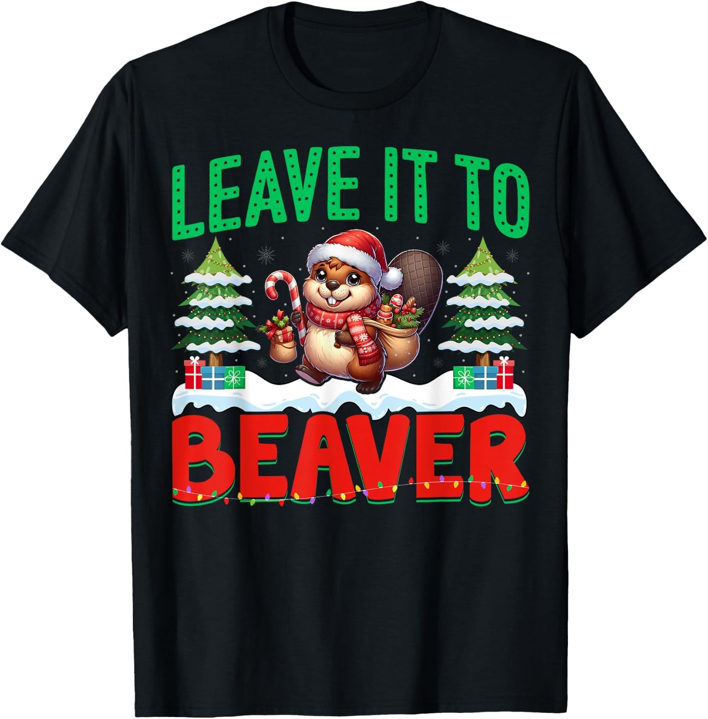 Beaver Santa Hat Xmas Lights - Leave It To Beaver Christmas T-Shirt - T-Shirt | Black