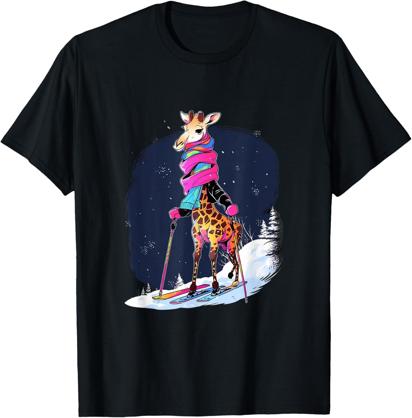 Giraffe Skiing Skier Ski Winter Snow T-Shirt - T-Shirt | Black
