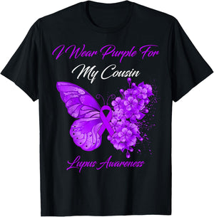 Butterfly I Wear Purple For My Cousin Lupus Awareness T-Shirt - T-Shirt | Black