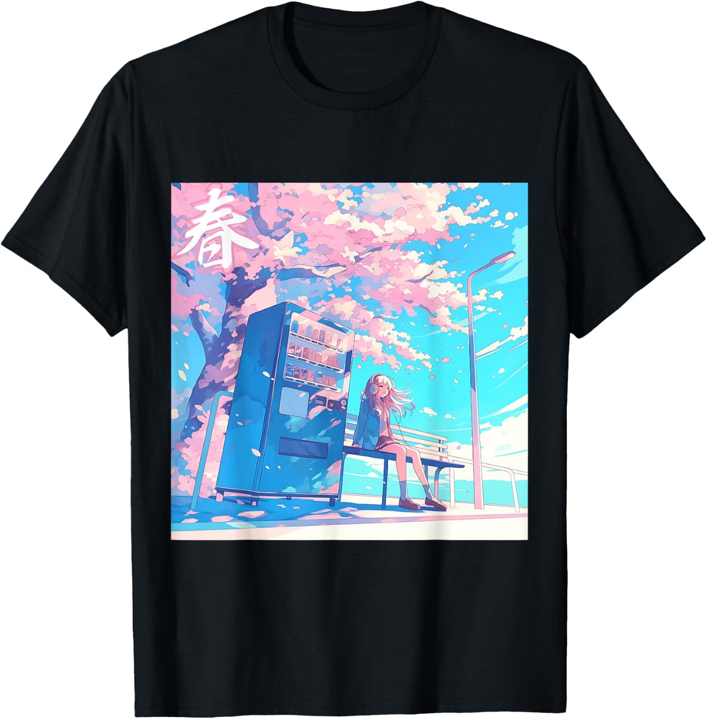 Spring Girl Under Cherry Blossom Tree Otaku Lofi Aesthetic T-Shirt - T-Shirt | Black