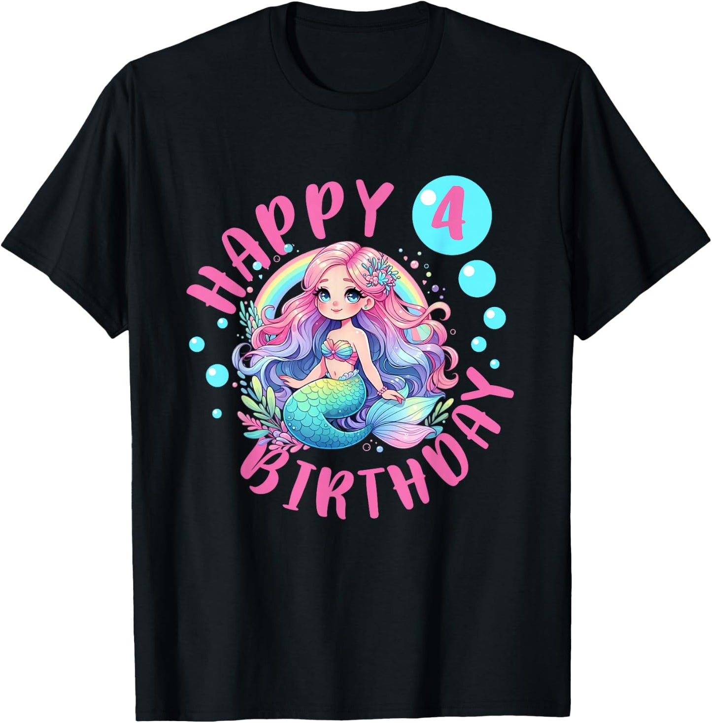 Happy Mermaid 4th Birthday Girl 4 Year Old Bday Mermaid T-Shirt - T-Shirt | Black